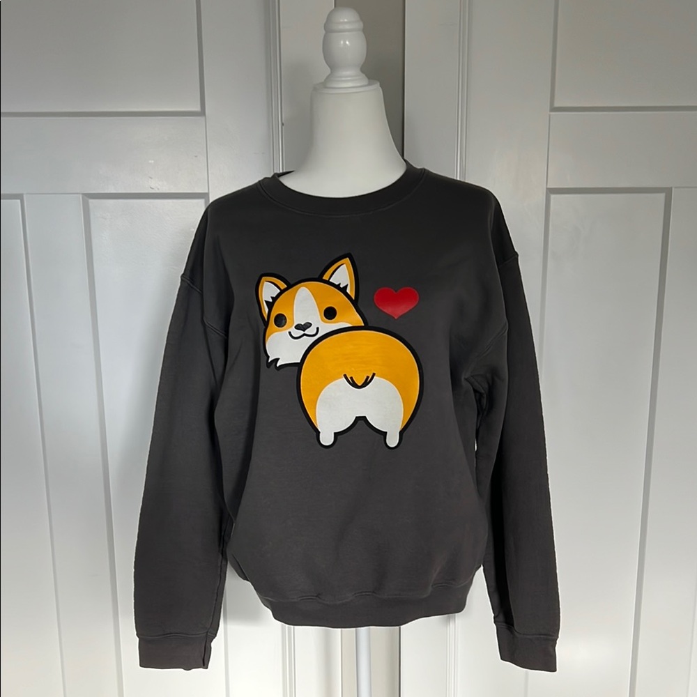 Charcoal Sweatshirt with Corgi and Heart Design